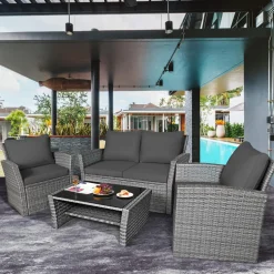 Tangkula 4 Pieces Patio Furniture Set, Outdoor Conversation Set with Cushions and Coffee Table