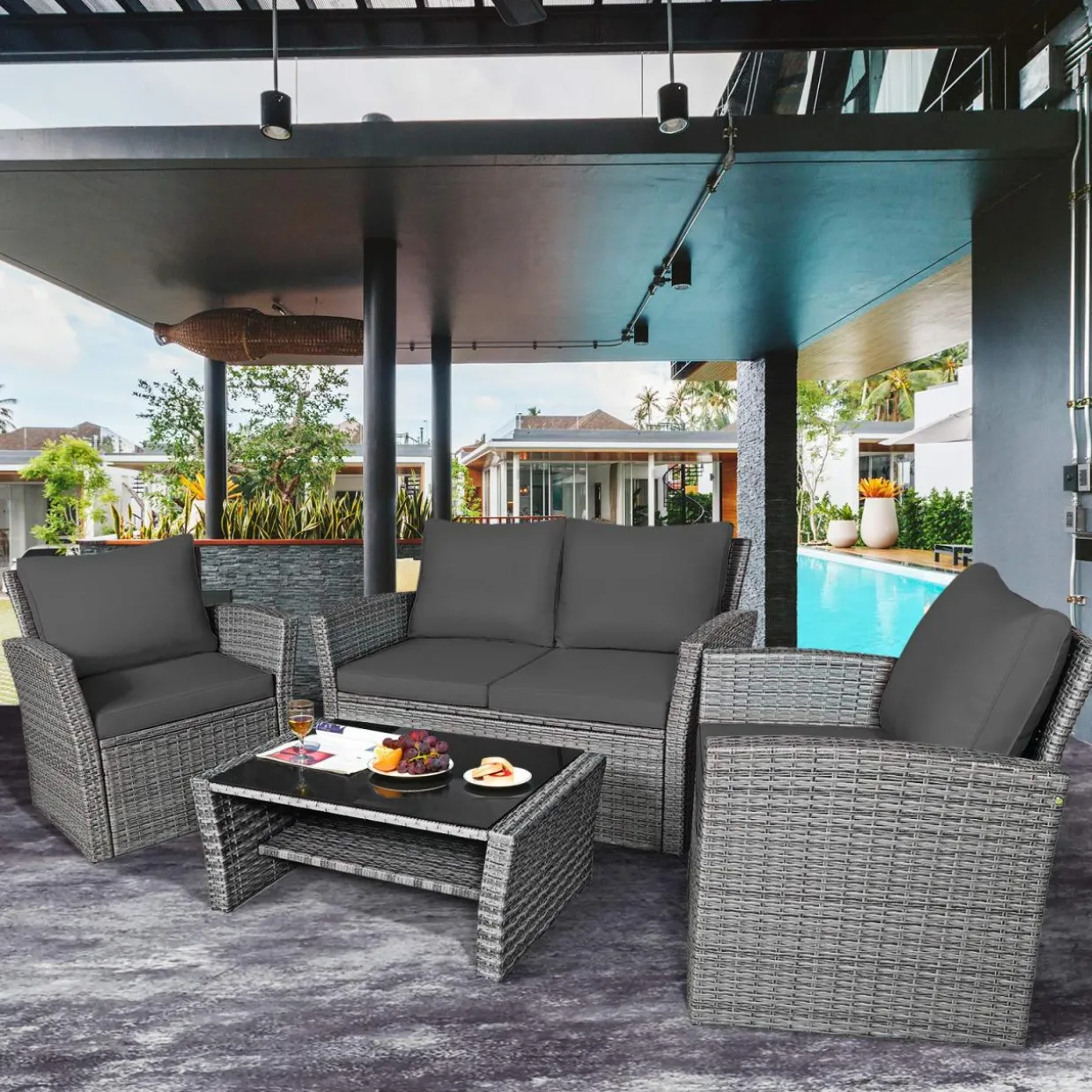 Tangkula 4 Pieces Patio Furniture Set, Outdoor Conversation Set with Cushions and Coffee Table