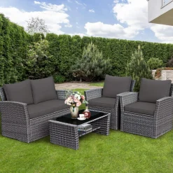 Tangkula 4 Pieces Patio Furniture Set, Outdoor Conversation Set with Cushions and Coffee Table