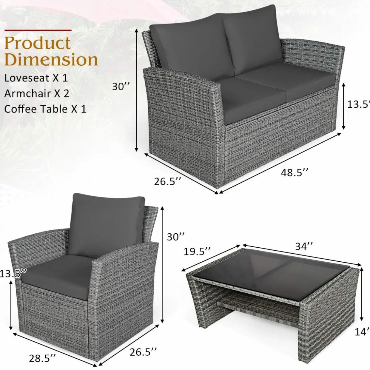 Tangkula 4 Pieces Patio Furniture Set, Outdoor Conversation Set with Cushions and Coffee Table