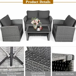 Tangkula 4 Pieces Patio Furniture Set, Outdoor Conversation Set with Cushions and Coffee Table