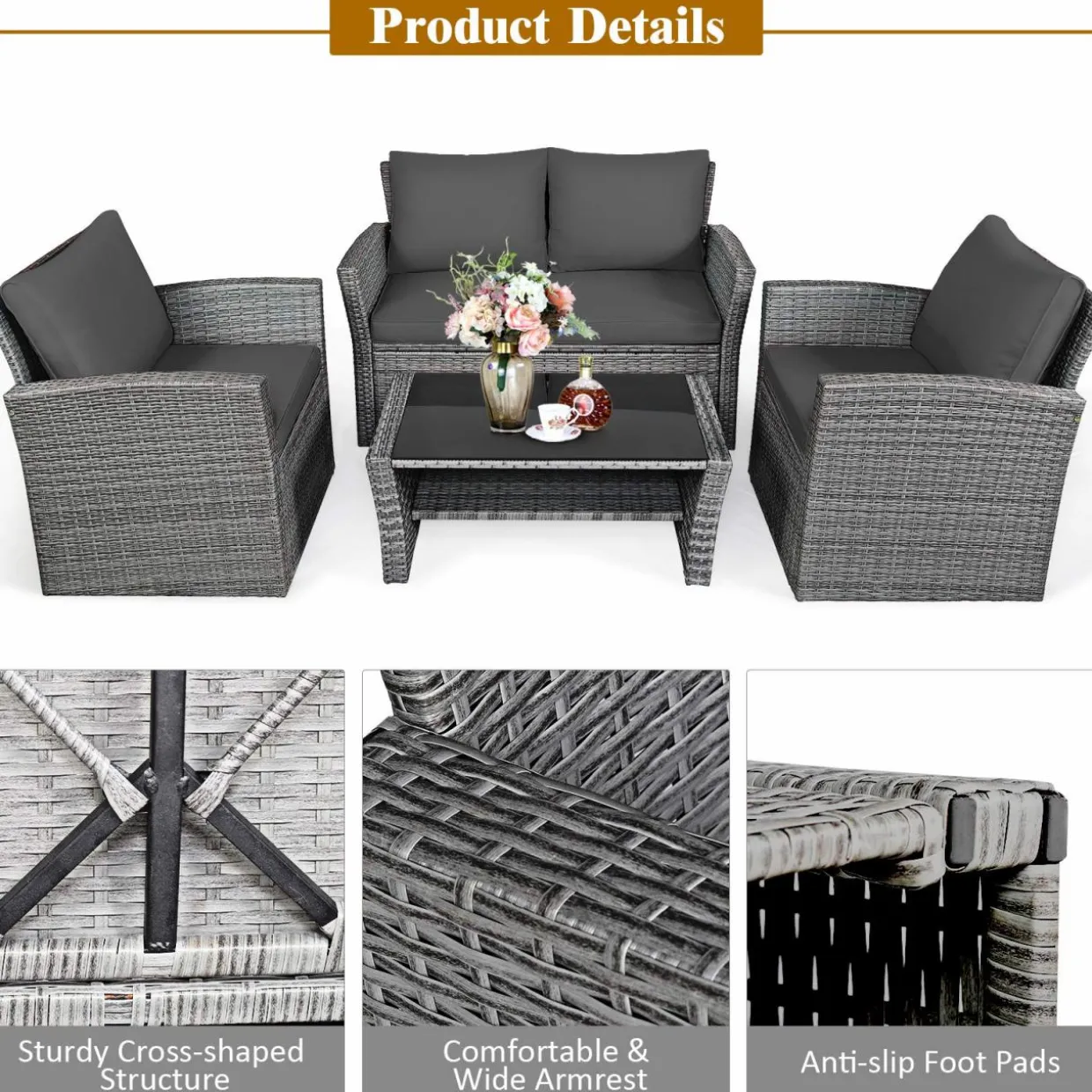 Tangkula 4 Pieces Patio Furniture Set, Outdoor Conversation Set with Cushions and Coffee Table
