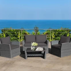 Tangkula 4 Pieces Patio Furniture Set, Outdoor Conversation Set with Cushions and Coffee Table