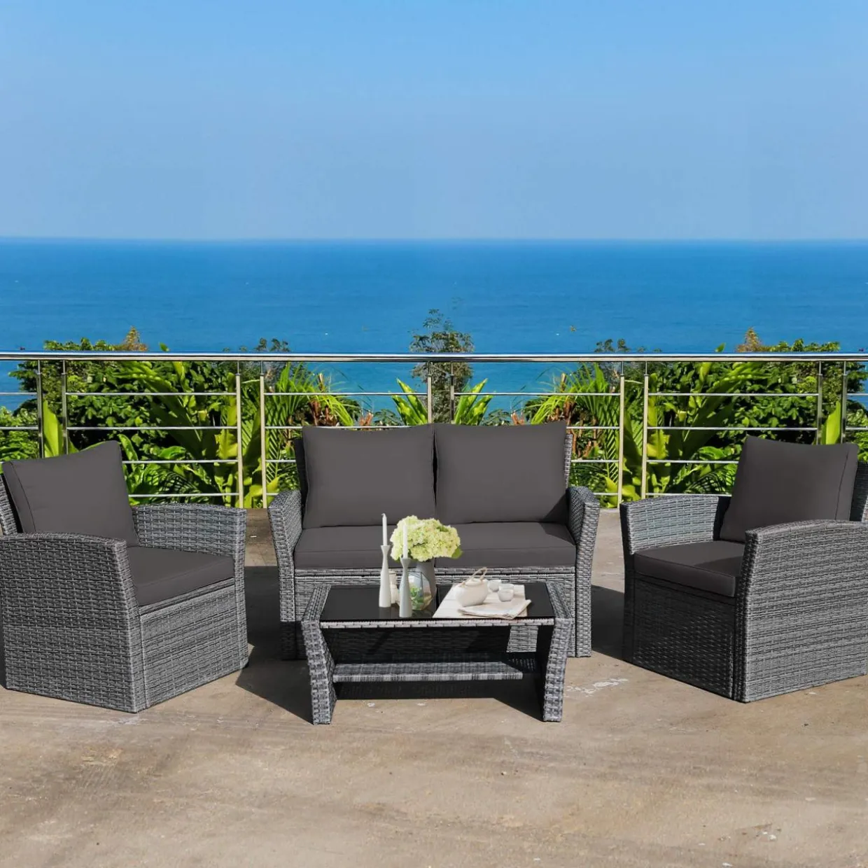 Tangkula 4 Pieces Patio Furniture Set, Outdoor Conversation Set with Cushions and Coffee Table