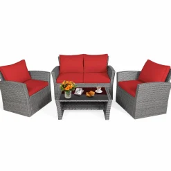 Tangkula 4 Pieces Patio Furniture Set, Outdoor Conversation Set with Cushions and Coffee Table