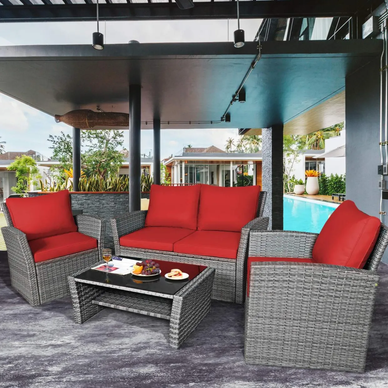 Tangkula 4 Pieces Patio Furniture Set, Outdoor Conversation Set with Cushions and Coffee Table