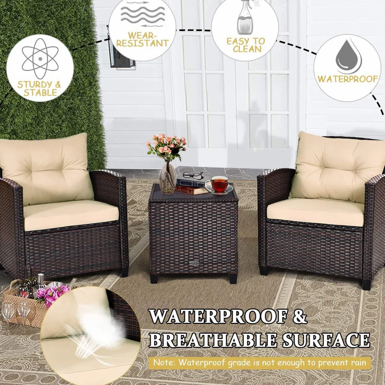 Tangkula 3 Pieces Patio Furniture Set, PE Rattan Wicker 3 Pcs Outdoor Sofa Set