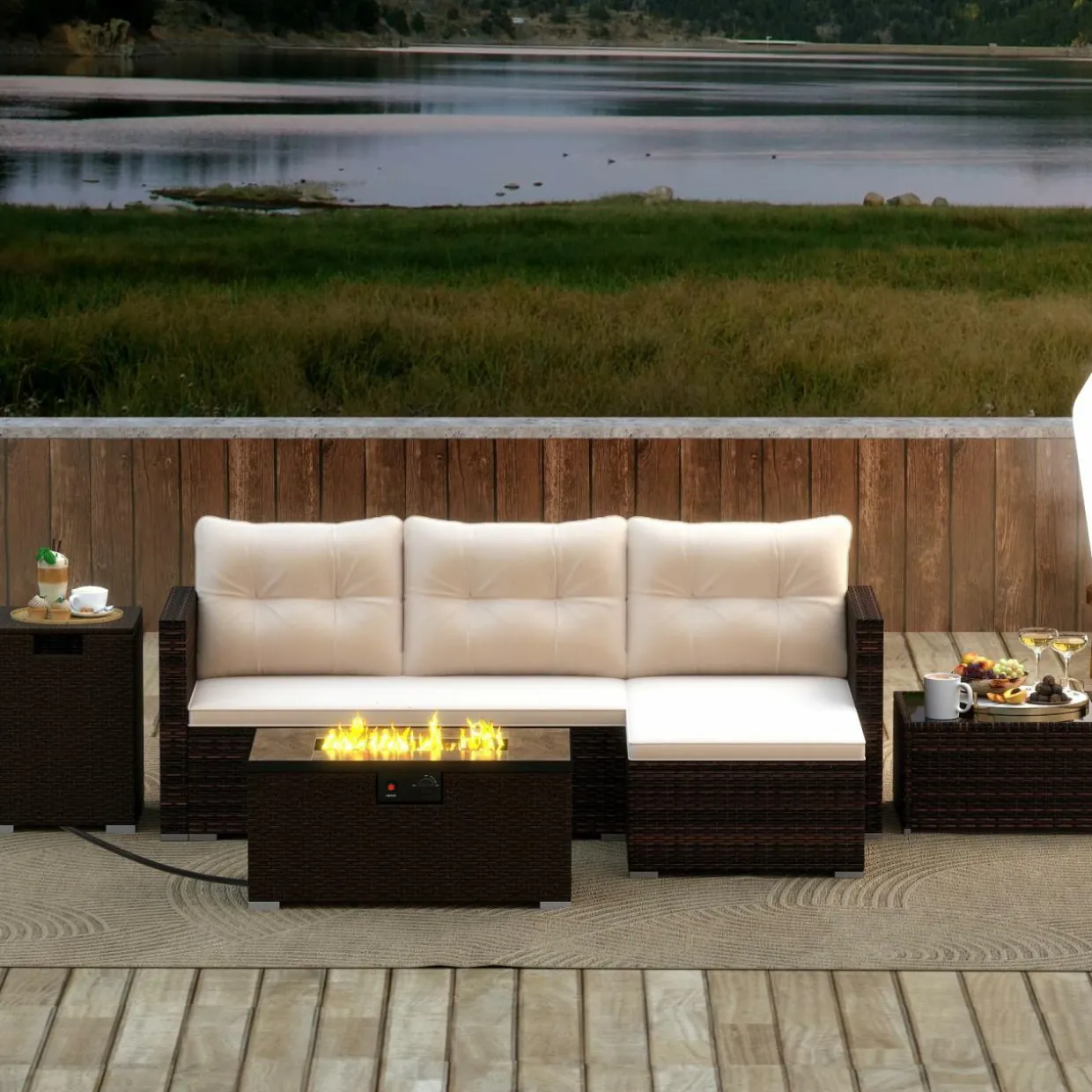 Tangkula 4 Pieces Patio Furniture Set with 32” Fire Pit Table and Propane Tank Cover