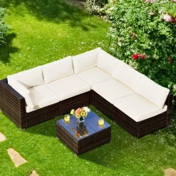 Tangkula 6 Pieces Patio Furniture Set, Outdoor Wicker Conversation Set with Glass Coffee Table