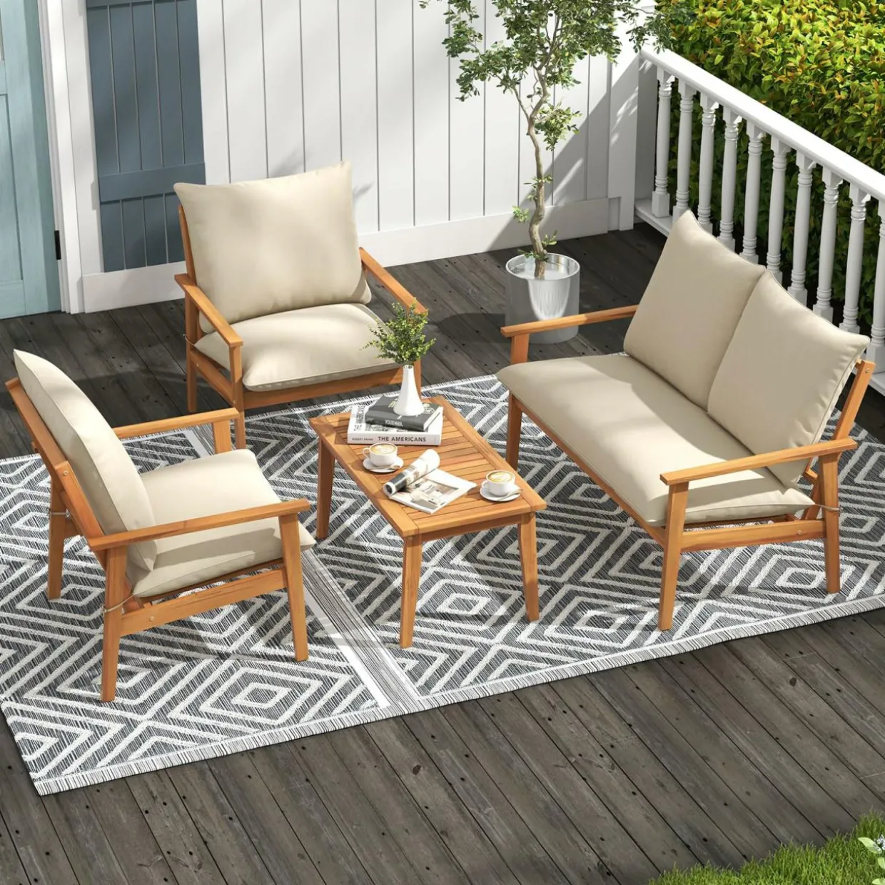 Tangkula 4 Pieces Patio Furniture Set, Outdoor Acacia Wood Conversation Set with Soft Cushions and Coffee Table