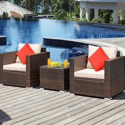Tangkula 3 Pieces Patio Furniture Set, Outdoor Conversation Rattan Furniture Set