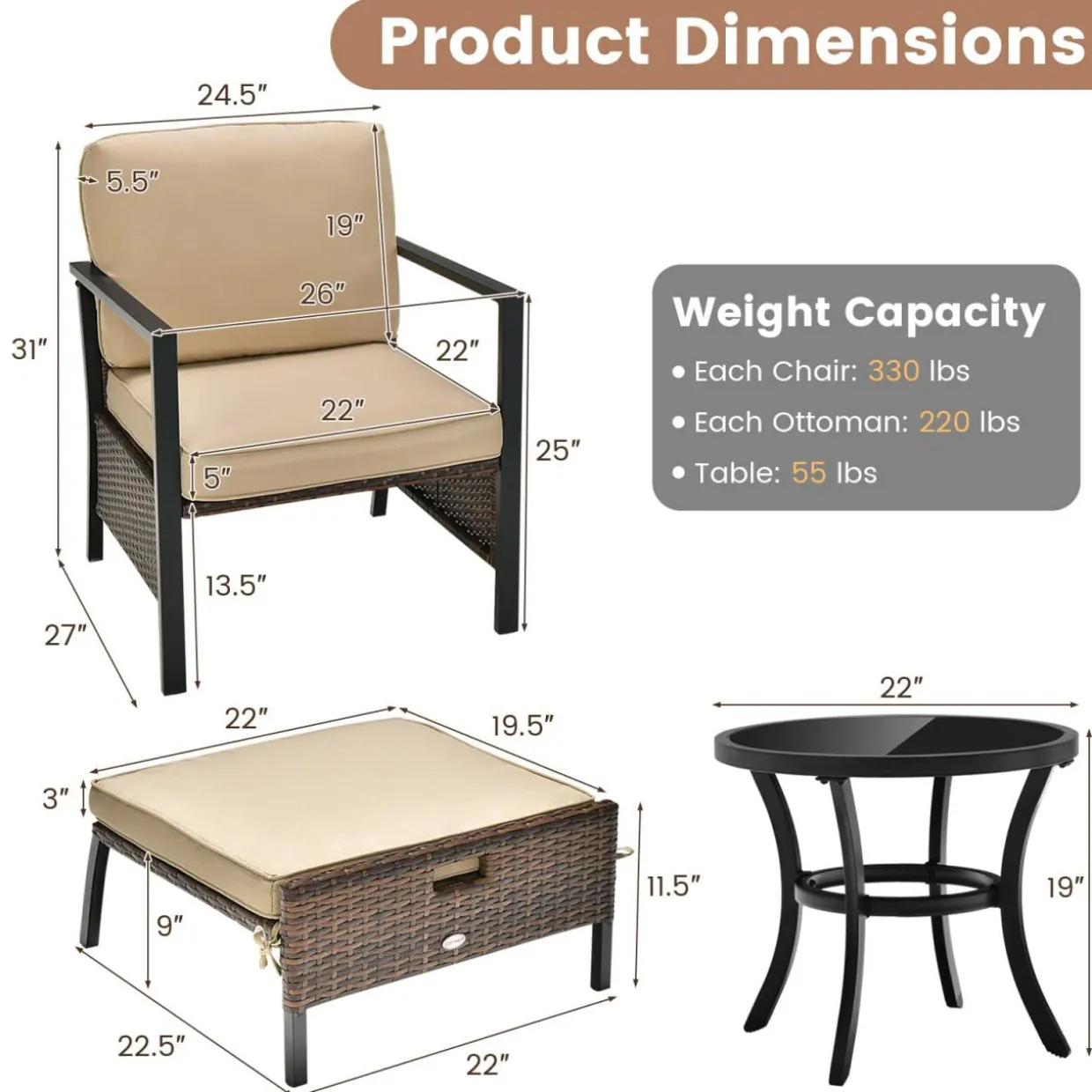 Tangkula 5 Pieces Patio Furniture Set, Space Saving All Weather PE Wicker Chairs and Table Set with Soft Cushions