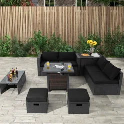 Tangkula 9 Pieces Patio Furniture Set with 32” Fire Pit Table, 50,000 BTU Square Propane Fire Pit