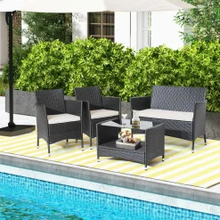Tangkula 4 Pieces Patio Furniture Set, Patiojoy Outdoor PE Wicker Conversation Set with Soft Cushions and Tempered Glass Tabletop
