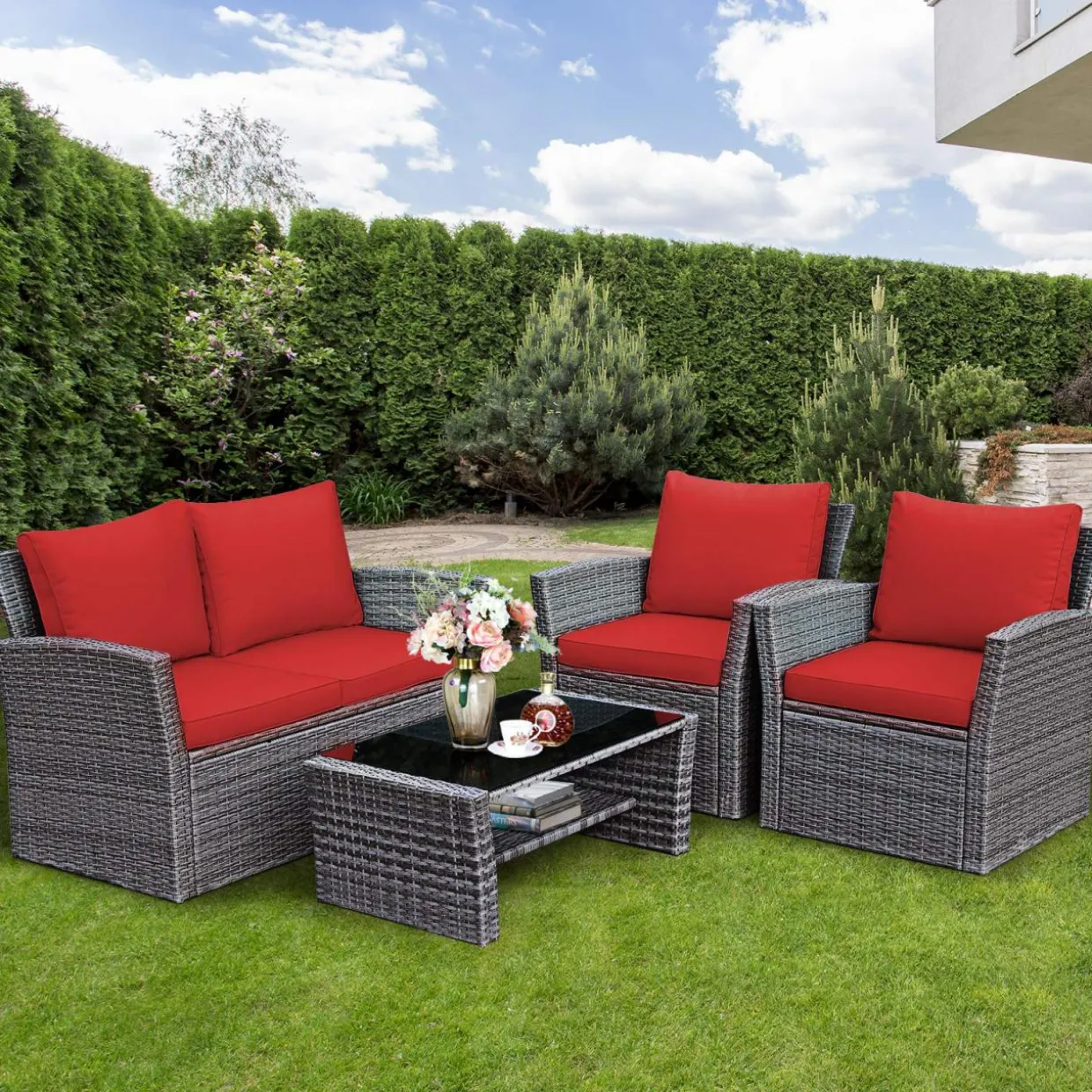 Tangkula 4 Pieces Patio Furniture Set, Outdoor Conversation Set with Cushions and Coffee Table