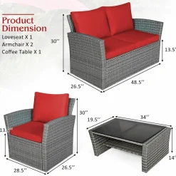 Tangkula 4 Pieces Patio Furniture Set, Outdoor Conversation Set with Cushions and Coffee Table
