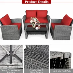 Tangkula 4 Pieces Patio Furniture Set, Outdoor Conversation Set with Cushions and Coffee Table