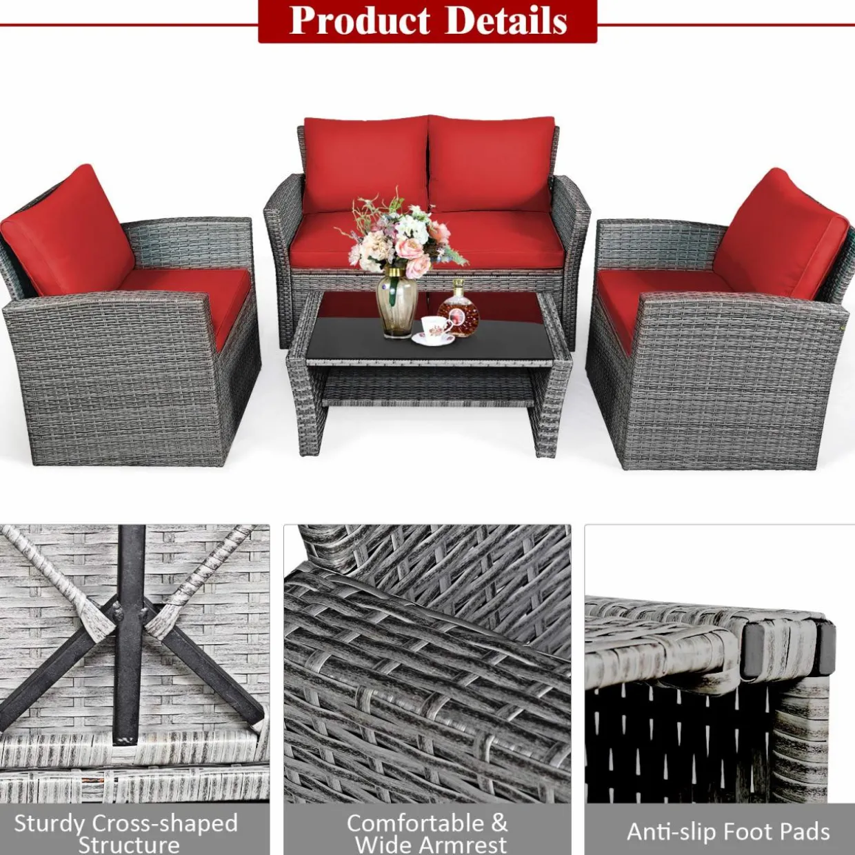 Tangkula 4 Pieces Patio Furniture Set, Outdoor Conversation Set with Cushions and Coffee Table
