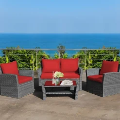 Tangkula 4 Pieces Patio Furniture Set, Outdoor Conversation Set with Cushions and Coffee Table