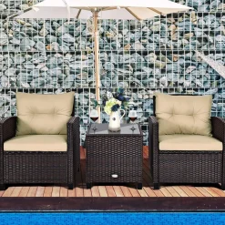Tangkula 3 Pieces Patio Furniture Set, PE Rattan Wicker 3 Pcs Outdoor Sofa Set