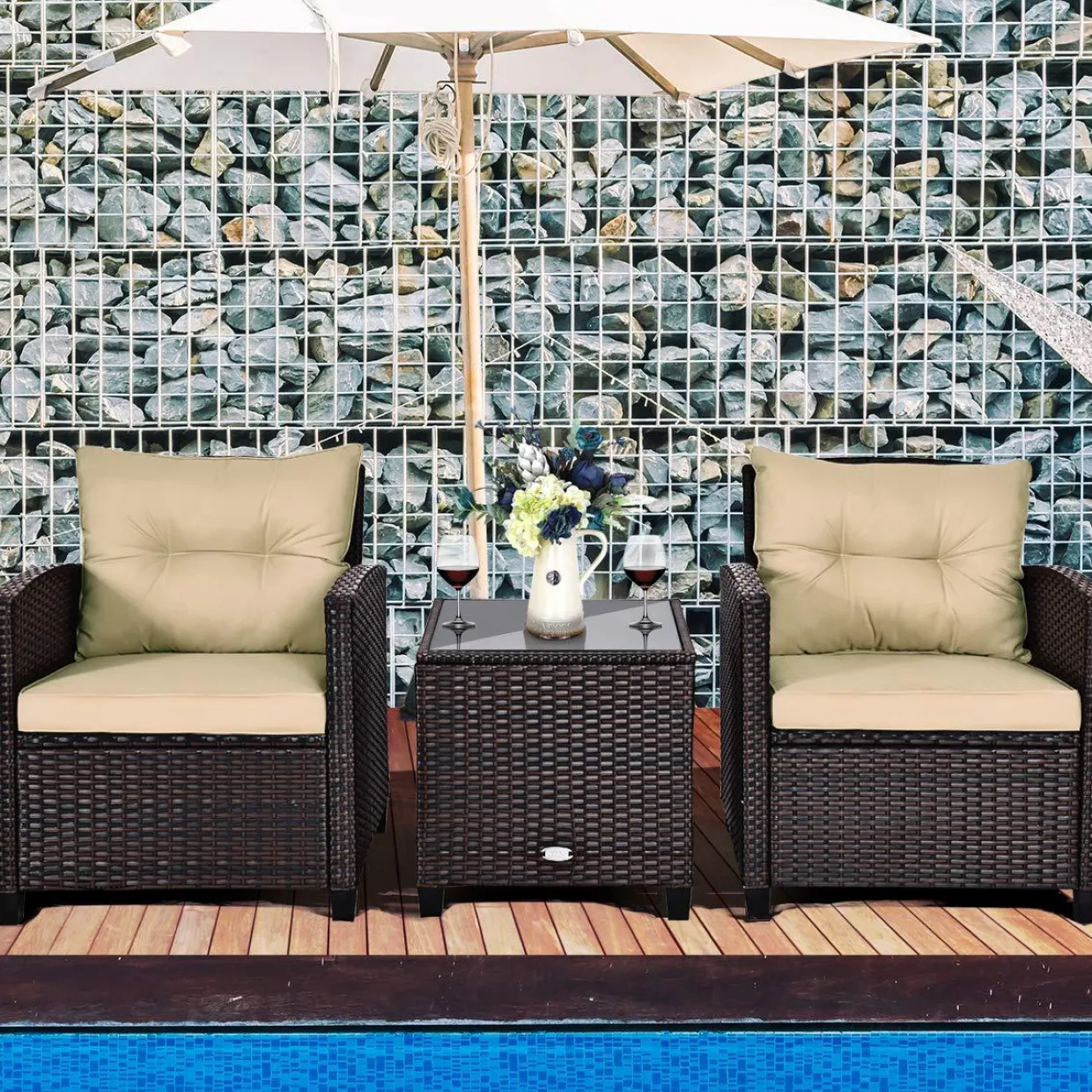 Tangkula 3 Pieces Patio Furniture Set, PE Rattan Wicker 3 Pcs Outdoor Sofa Set
