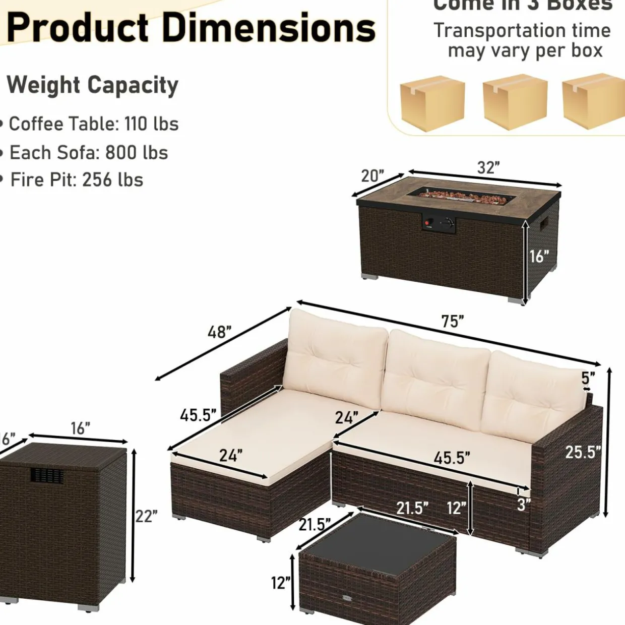 Tangkula 4 Pieces Patio Furniture Set with 32” Fire Pit Table and Propane Tank Cover