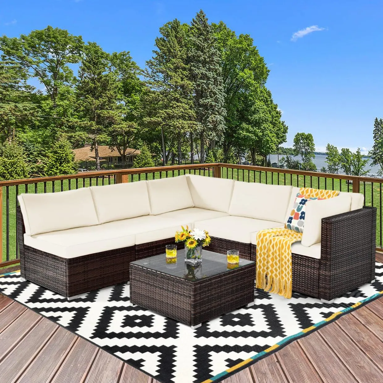 Tangkula 6 Pieces Patio Furniture Set, Outdoor Wicker Conversation Set with Glass Coffee Table