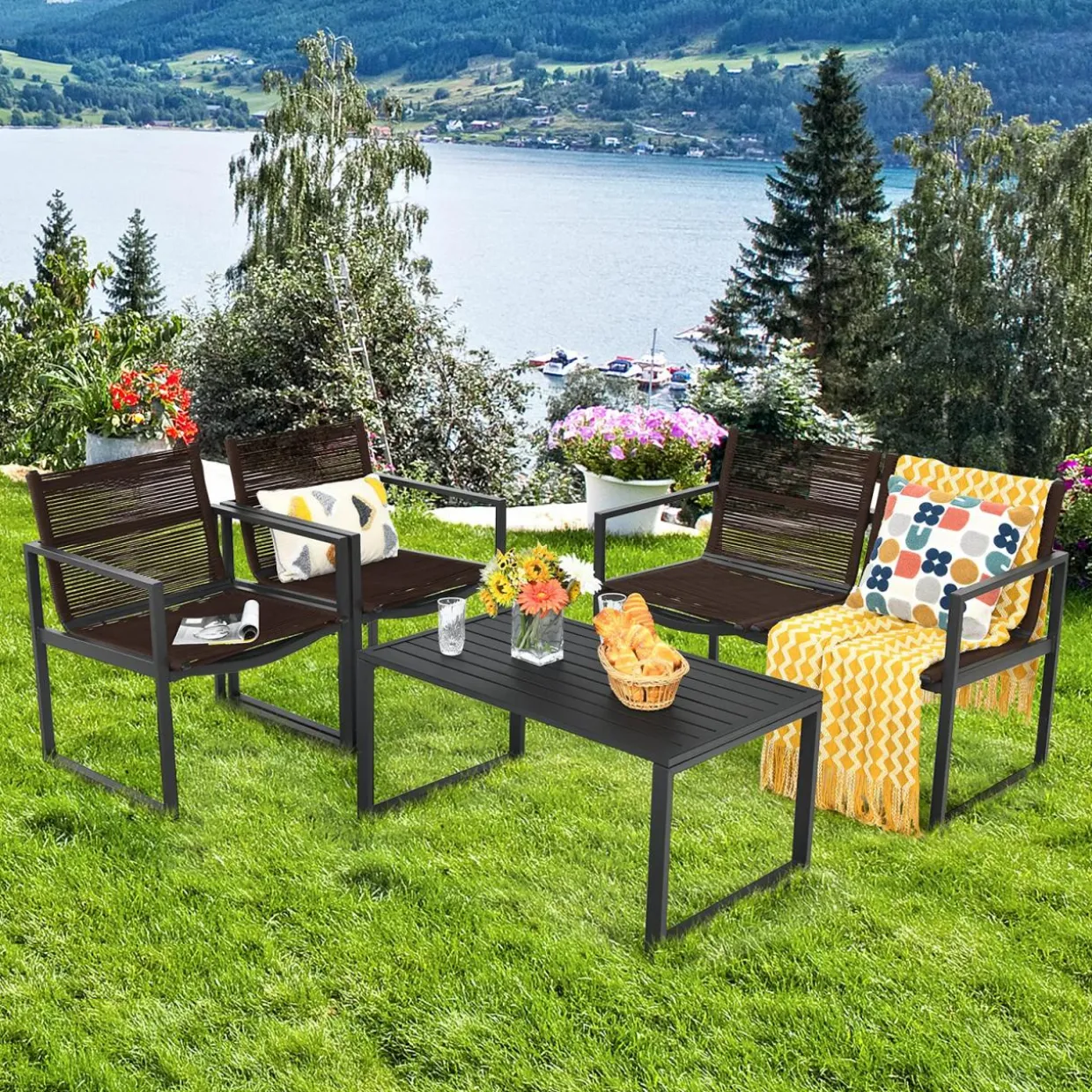 Tangkula 4 Pieces Patio Furniture Set, Outdoor Conversation Sofa Set with Coffee Table