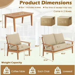 Tangkula 4 Pieces Patio Furniture Set, Outdoor Acacia Wood Conversation Set with Soft Cushions and Coffee Table