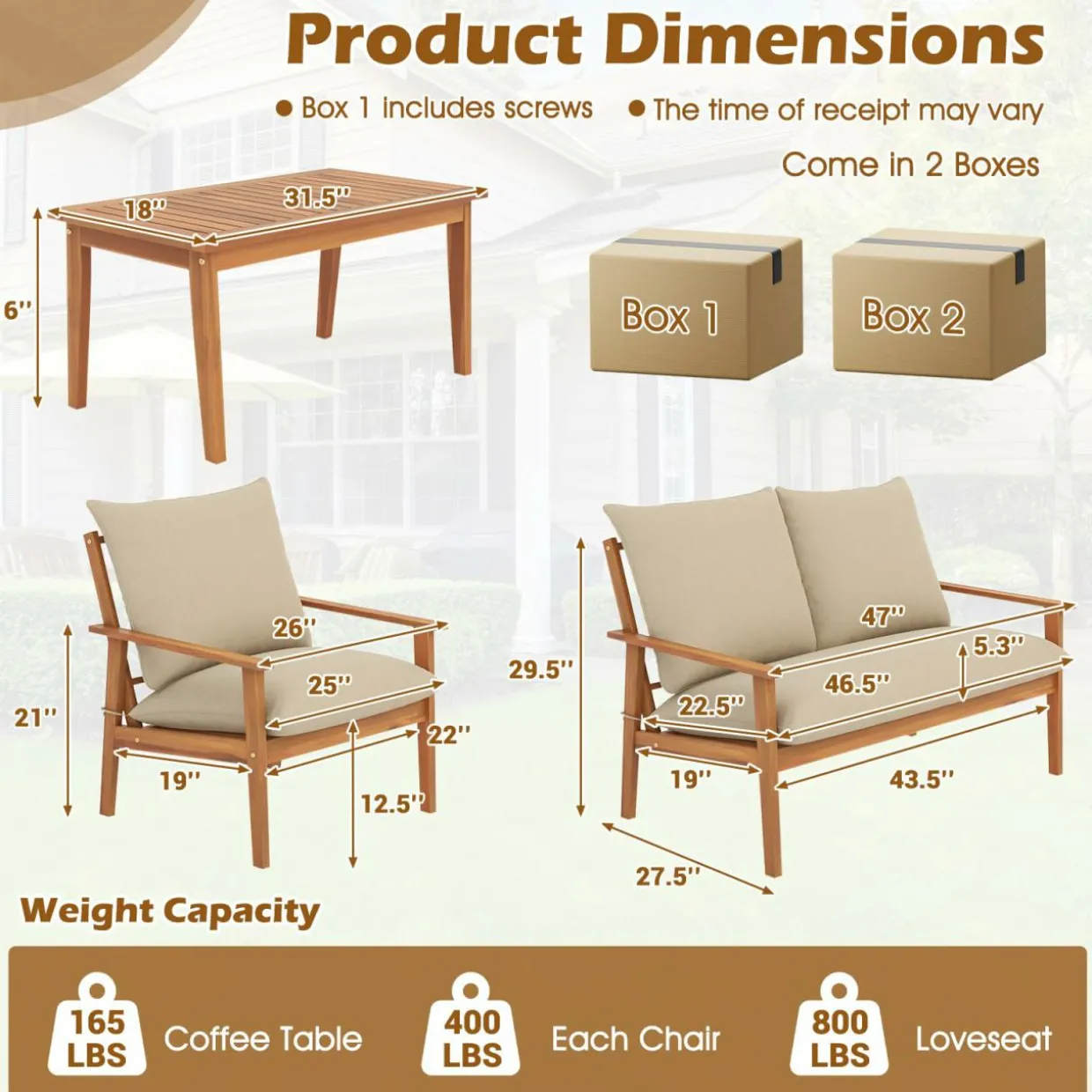 Tangkula 4 Pieces Patio Furniture Set, Outdoor Acacia Wood Conversation Set with Soft Cushions and Coffee Table