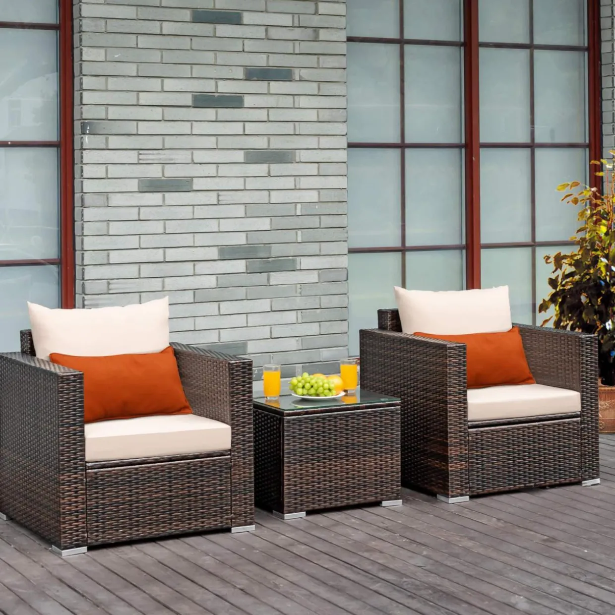 Tangkula 3 Pieces Patio Furniture Set, Outdoor Conversation Rattan Furniture Set