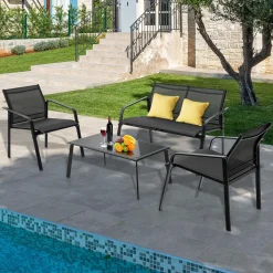 Tangkula 4 Pieces Patio Furniture Set, Outdoor Conversation Set with Tempered Glass Coffee Table