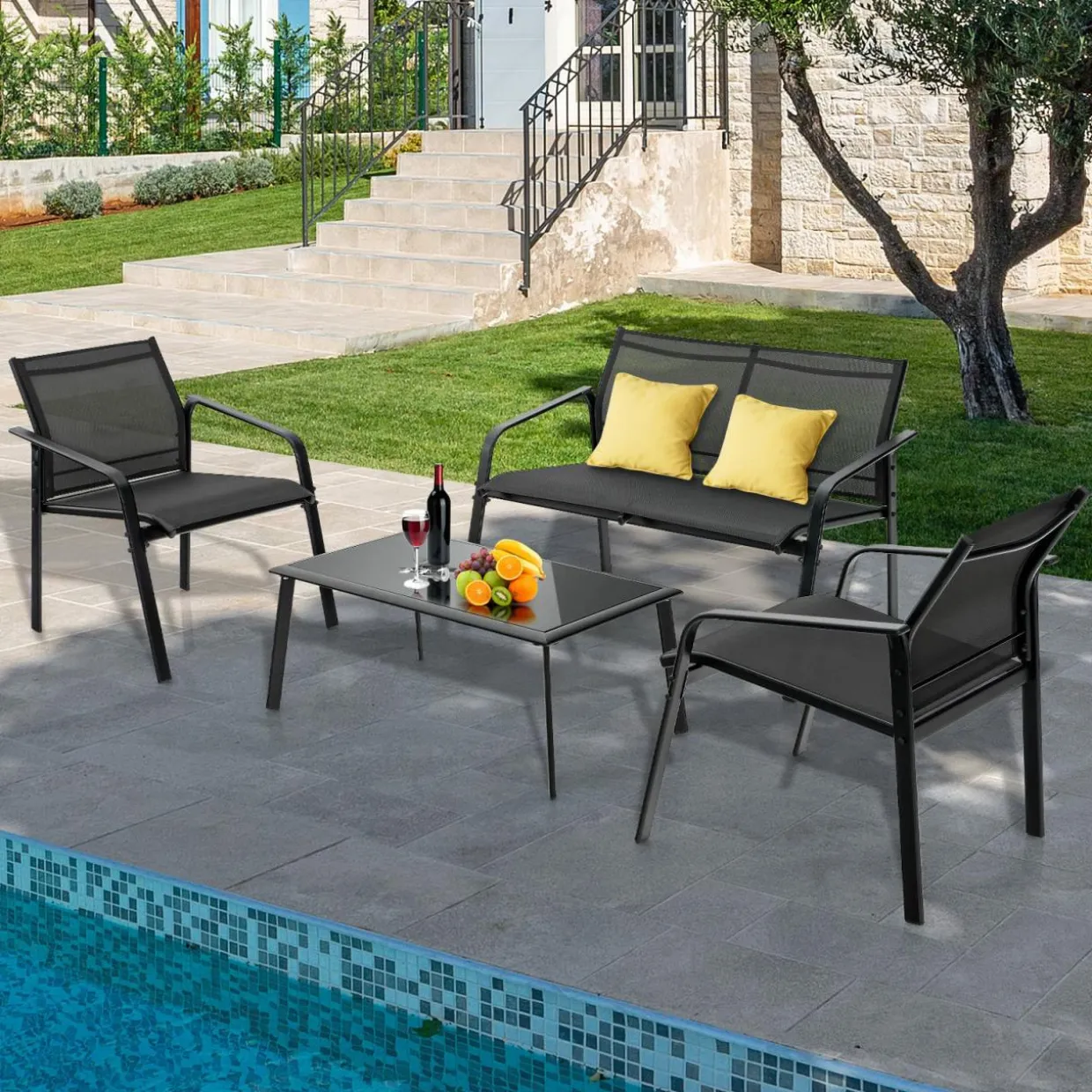 Tangkula 4 Pieces Patio Furniture Set, Outdoor Conversation Set with Tempered Glass Coffee Table