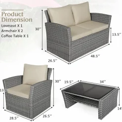Tangkula 4 Pieces Patio Furniture Set, Outdoor Conversation Set with Cushions and Coffee Table