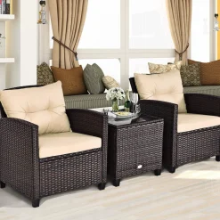 Tangkula 3 Pieces Patio Furniture Set, PE Rattan Wicker 3 Pcs Outdoor Sofa Set