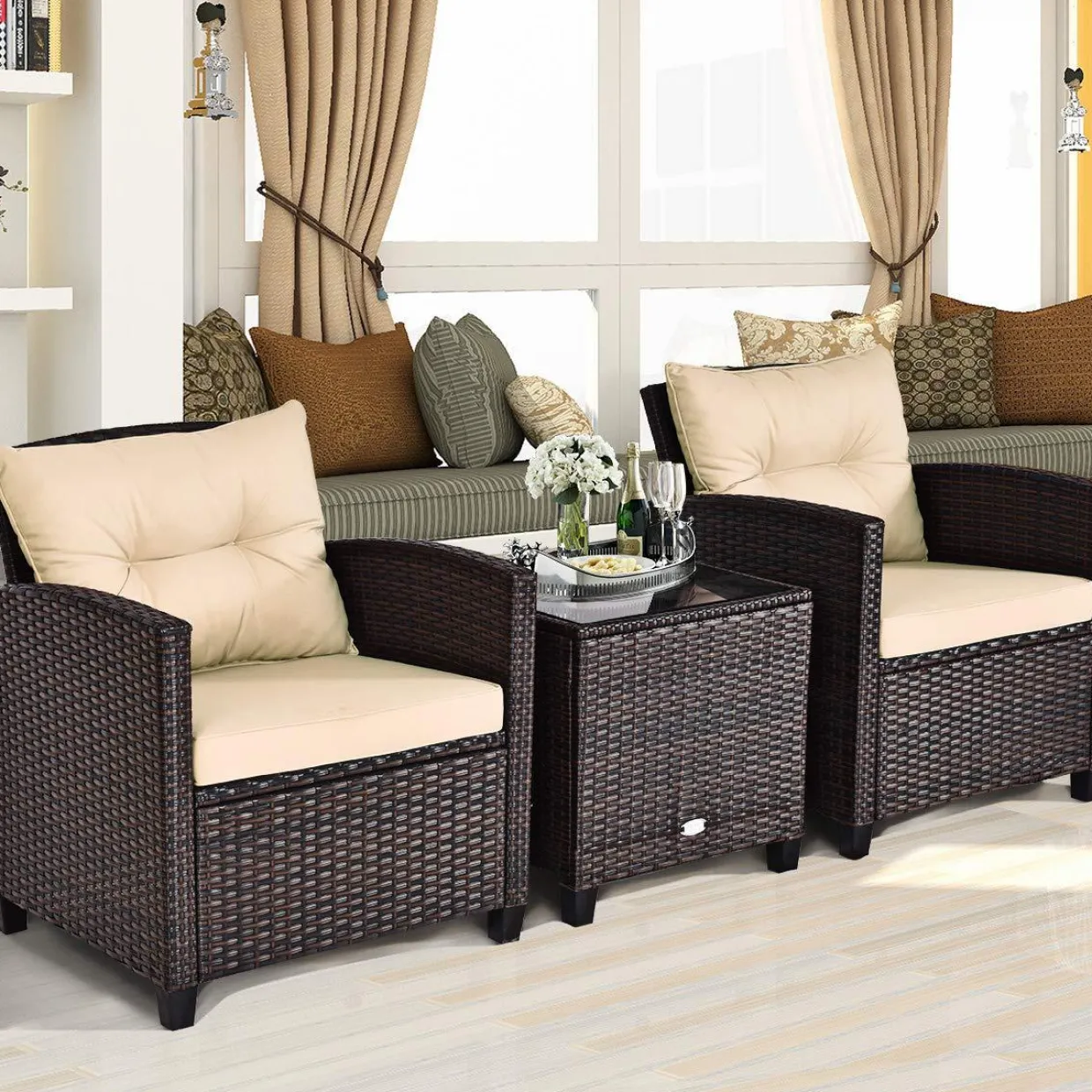 Tangkula 3 Pieces Patio Furniture Set, PE Rattan Wicker 3 Pcs Outdoor Sofa Set