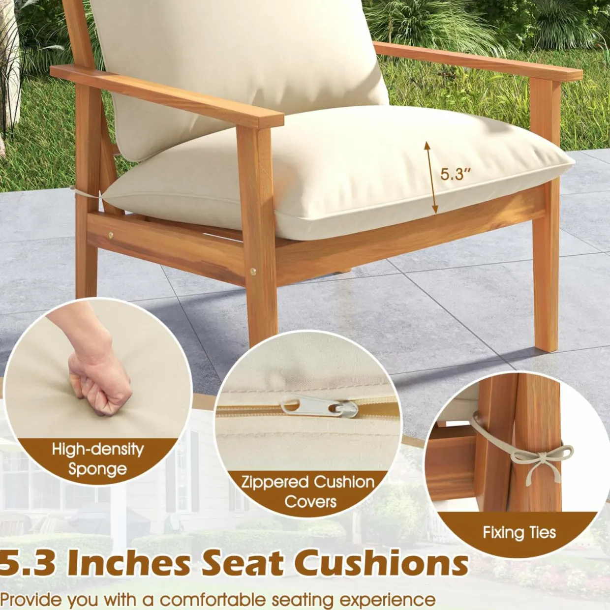 Tangkula 4 Pieces Patio Furniture Set, Outdoor Acacia Wood Conversation Set with Soft Cushions and Coffee Table