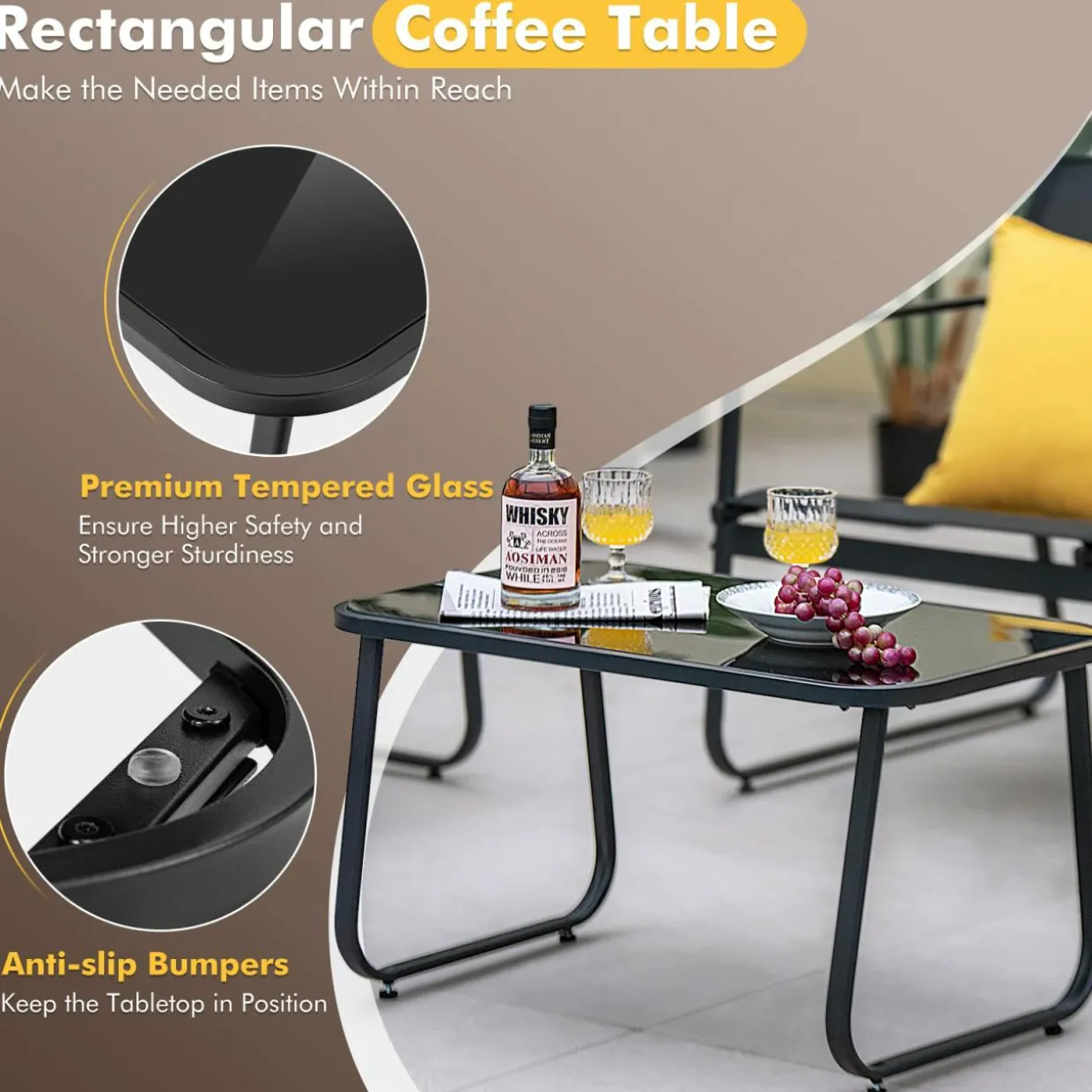 Tangkula 4 Pieces Patio Furniture Set, Outdoor Conversation Set with Tempered Glass Coffee Table