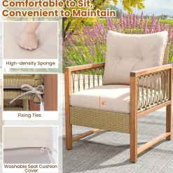 Tangkula 3 Pieces Patio Furniture Set, Outdoor PE Wicker Conversation Bistro Set with Acacia Wood Frame