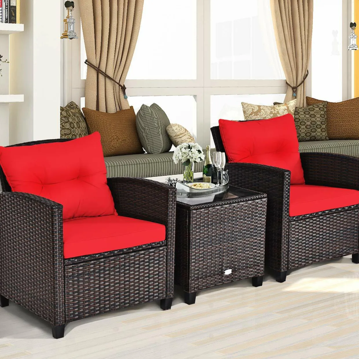 Tangkula 3 Pieces Patio Furniture Set, PE Rattan Wicker 3 Pcs Outdoor Sofa Set