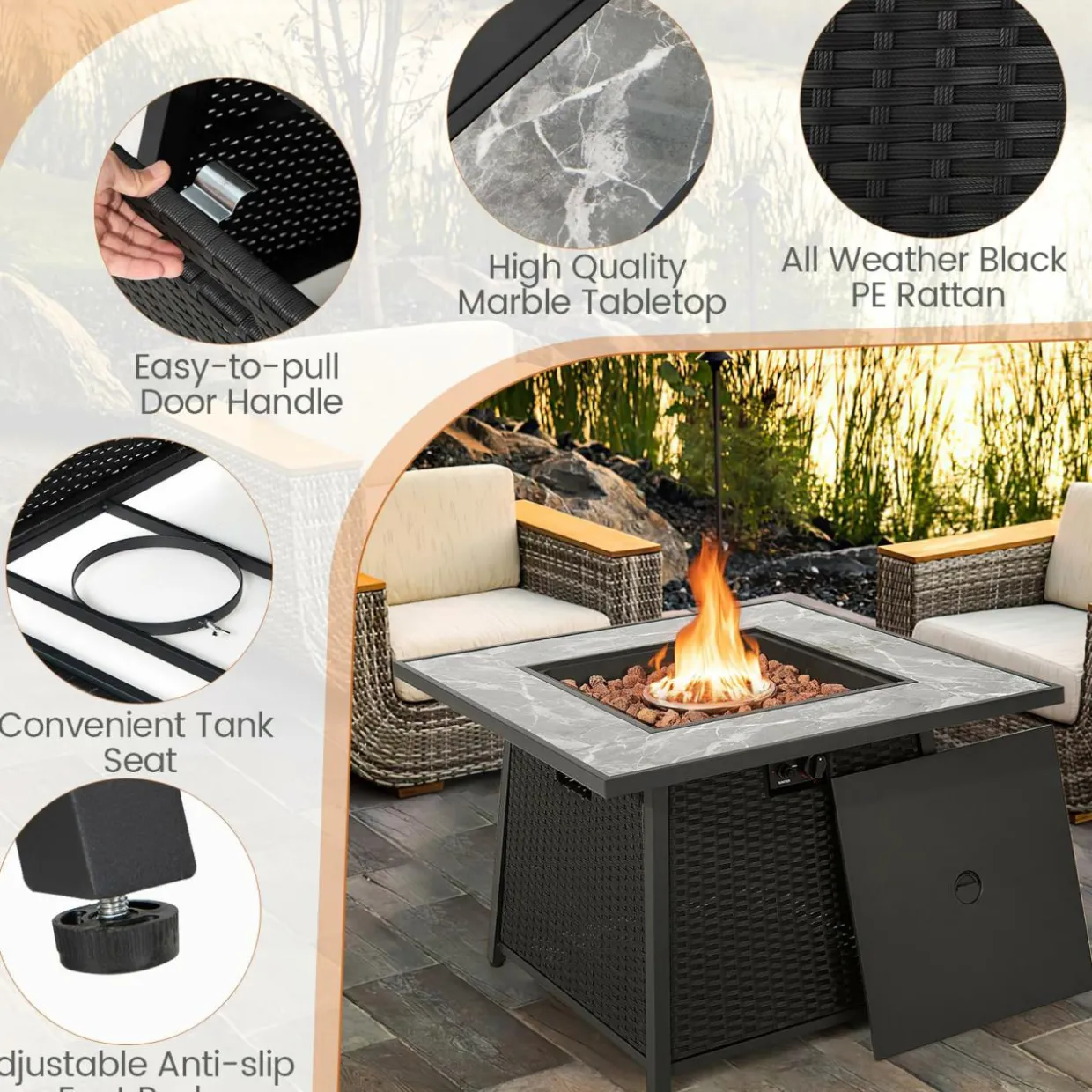Tangkula 7 Pieces Patio Furniture Set with 35” 50000 BTU Propane Gas Fire Pit Table & Waterproof Cover for Firpit