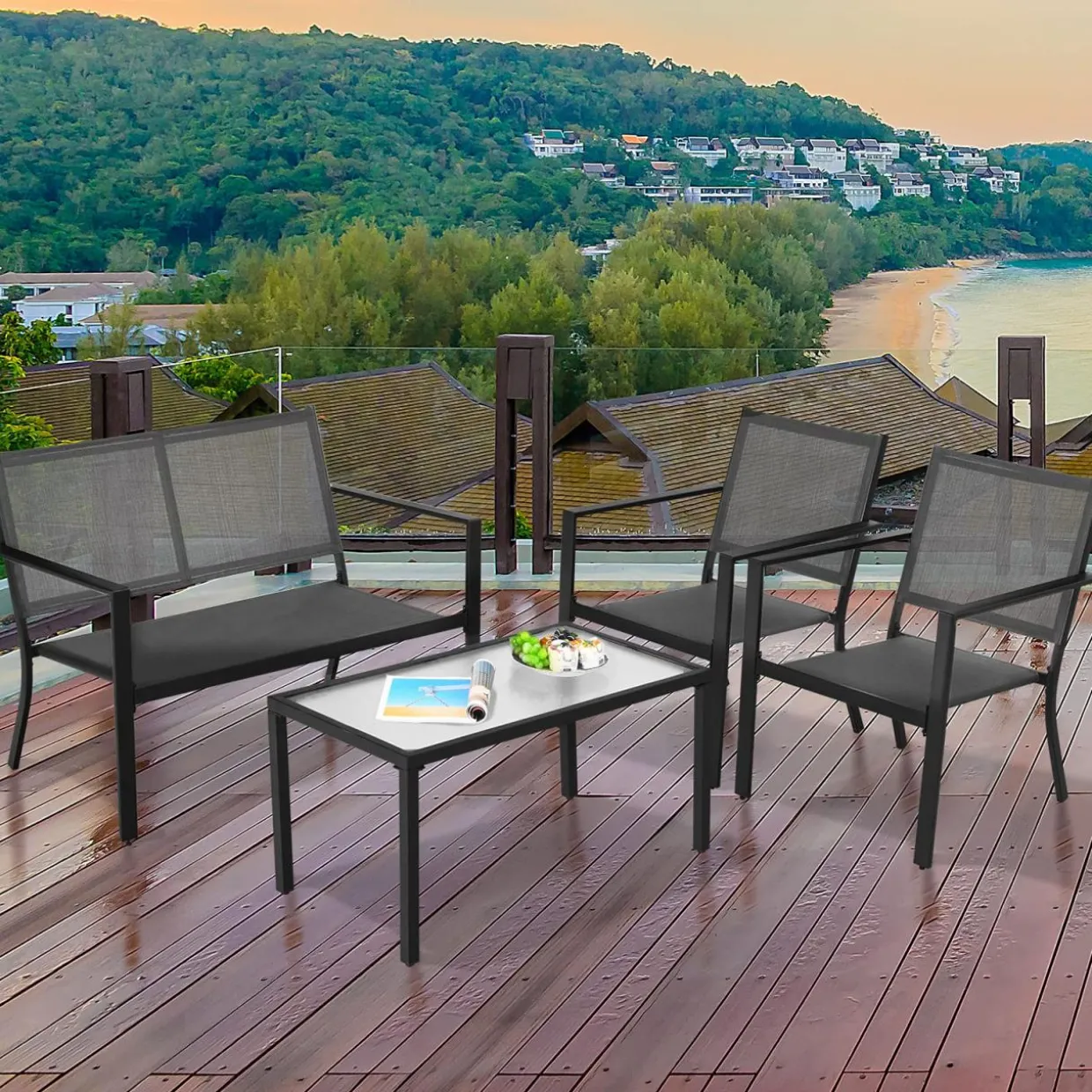 Tangkula 4 Pieces Patio Furniture Set, Outdoor Sectional Conversation Set