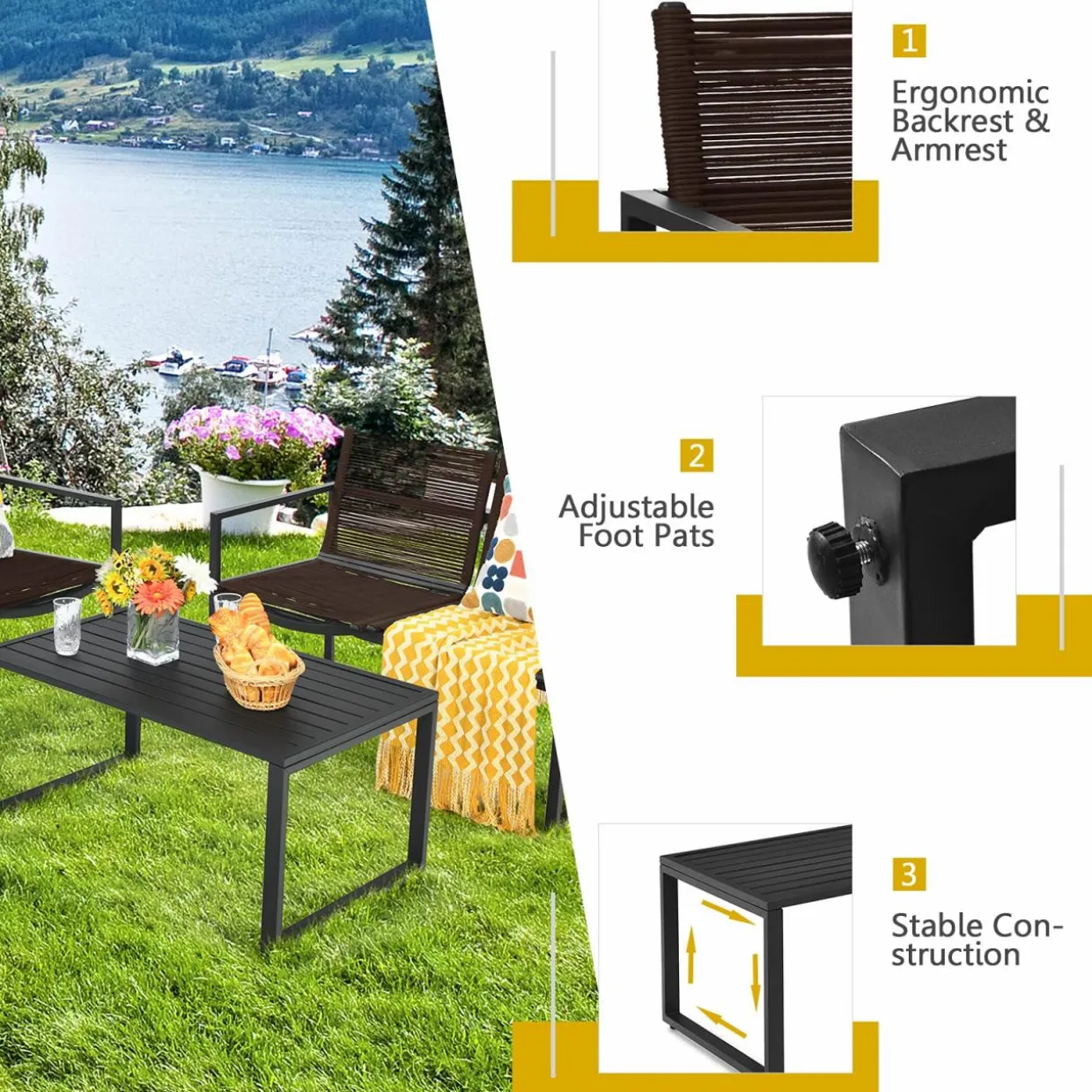 Tangkula 4 Pieces Patio Furniture Set, Outdoor Conversation Sofa Set with Coffee Table