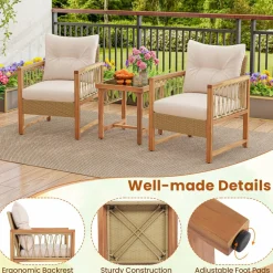 Tangkula 3 Pieces Patio Furniture Set, Outdoor PE Wicker Conversation Bistro Set with Acacia Wood Frame
