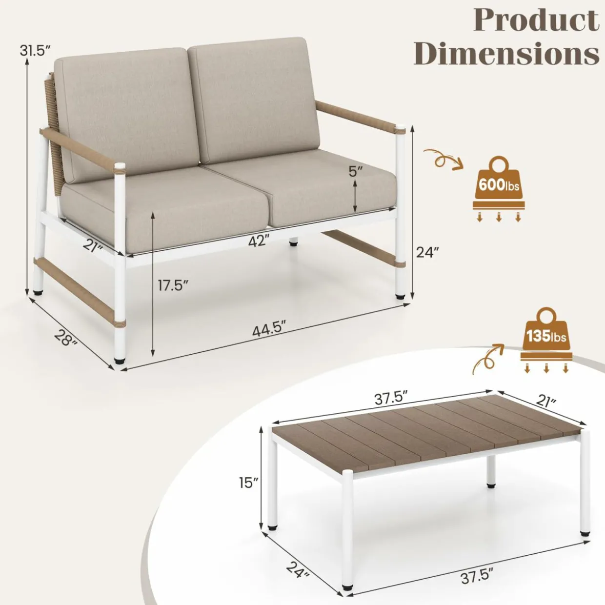Tangkula 2 Pieces Patio Furniture Set, Outdoor Aluminum Conversation Set with Thick Cushions