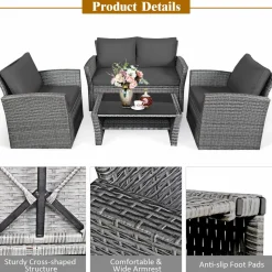 Tangkula 4 Pieces Patio Furniture Set, All Weather Outdoor Sectional Rattan Sofa Set