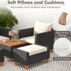 Tangkula 5 Pieces Patio Furniture Set, PE Rattan Chairs with Storage Table