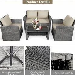 Tangkula 4 Pieces Patio Furniture Set, Outdoor Conversation Set with Cushions and Coffee Table