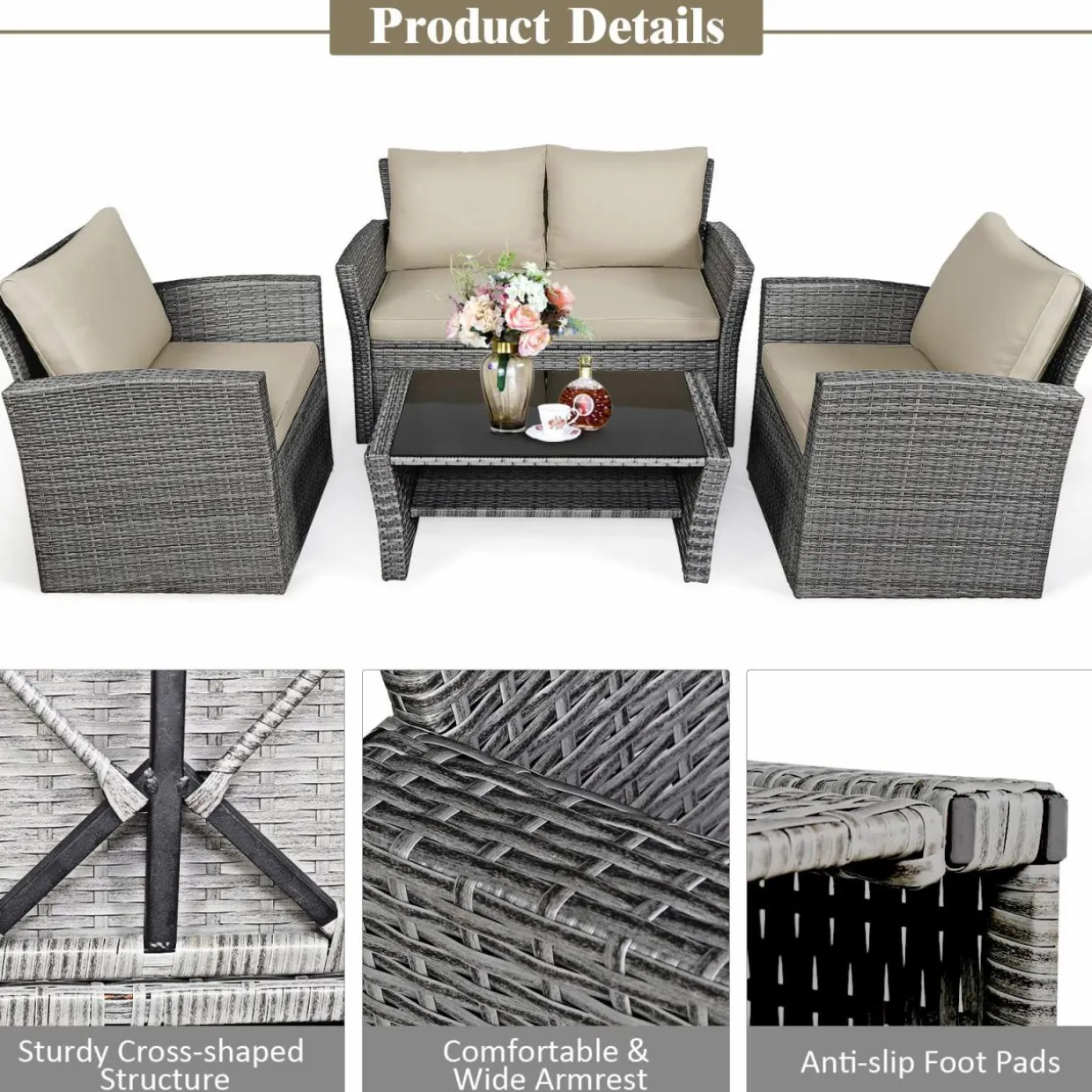 Tangkula 4 Pieces Patio Furniture Set, Outdoor Conversation Set with Cushions and Coffee Table