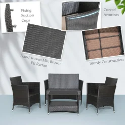 Tangkula 4 Pieces Patio Furniture Set, Patiojoy Outdoor PE Wicker Conversation Set with Soft Cushions and Tempered Glass Tabletop